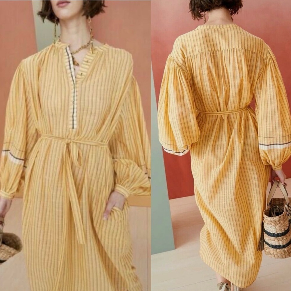 ULLA JOHNSON RABEA WHEAT STRIPED BELTED RELXED DRESS SIZE 2 - Picture 6 of 16